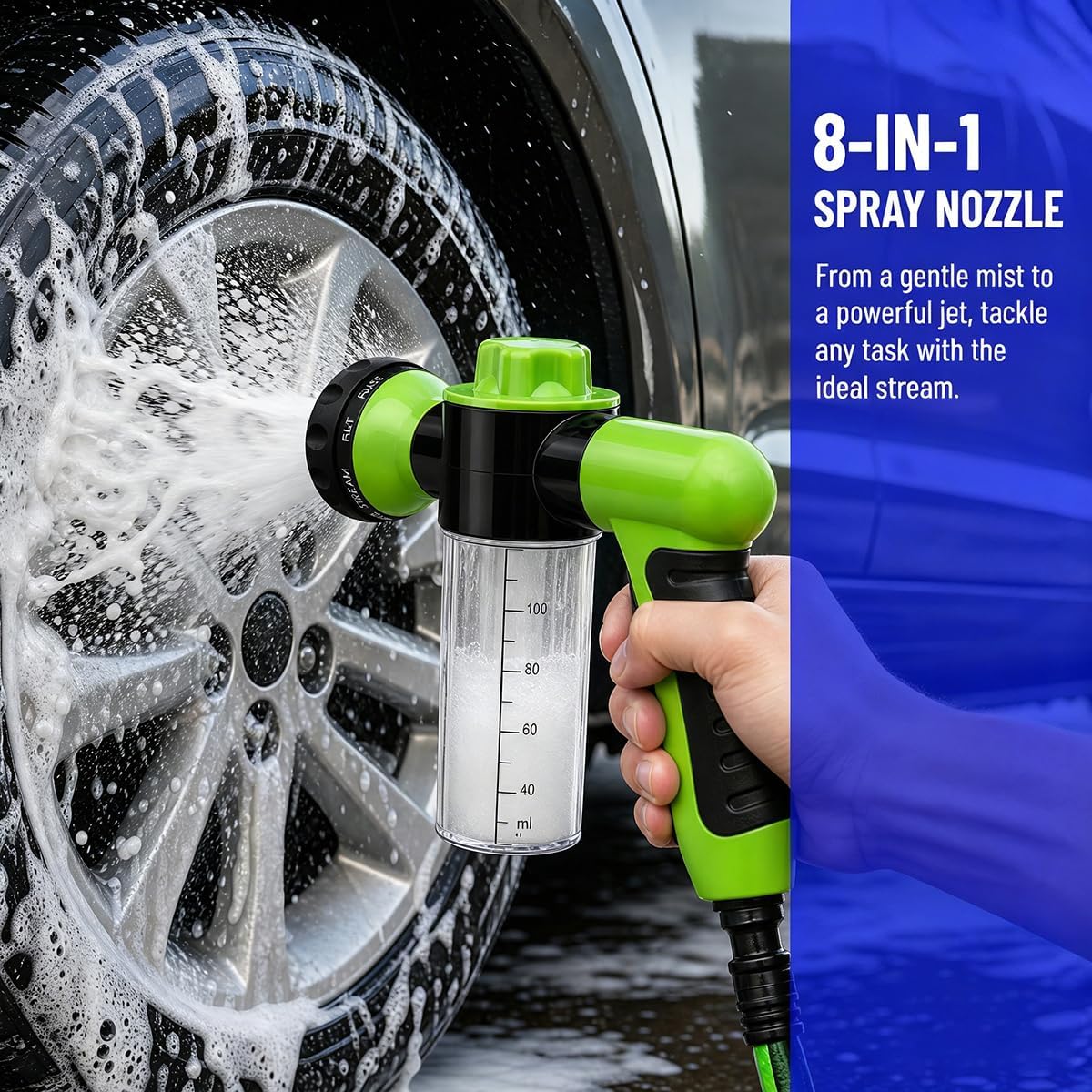 Car Wash Foam Gun, High Pressure Vehicle Hose Nozzle Wash Sprayer with 8 Adjustable Watering Patterns, Automotive Detailing Cleaning Foam Gun, Universal Fit (Green)