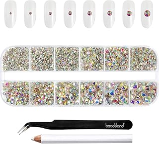 Beadsland Rhinestones for Makeup,8 Sizes 2500pcs Crystal AB Flatback Rhinestones Eye Gems for Nails Crafts with Tweezers and Wax Pencil,Crystal AB,SS4-SS30