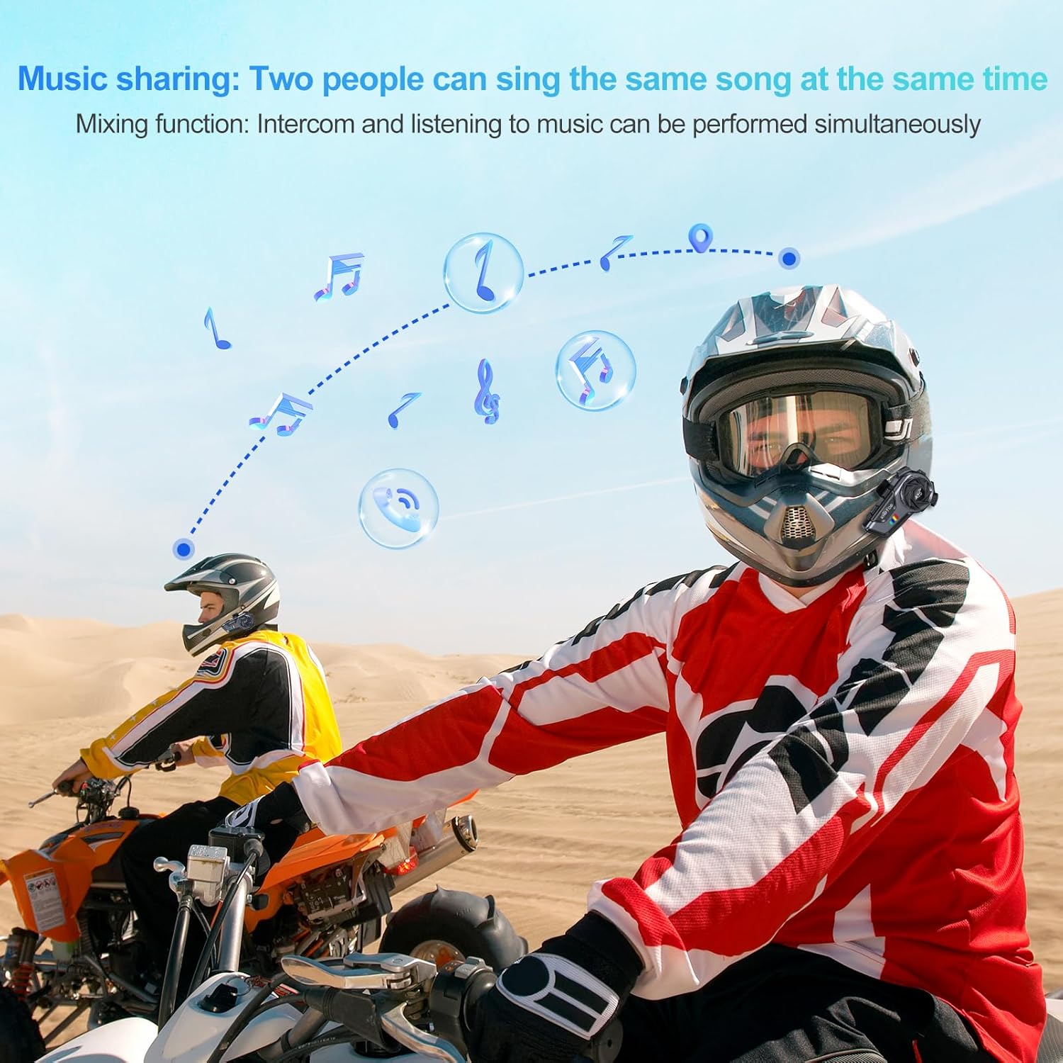 Two riders sharing music via Khptop A20-2X headsets