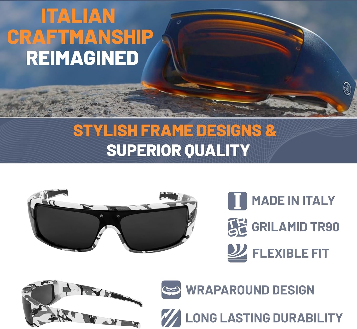 POPGEAR Mens Sport Sunglasses, Womens Polarized Sunglasses, Grilamid TR90 Made in Italy, Easily Collapse For Compact Storage