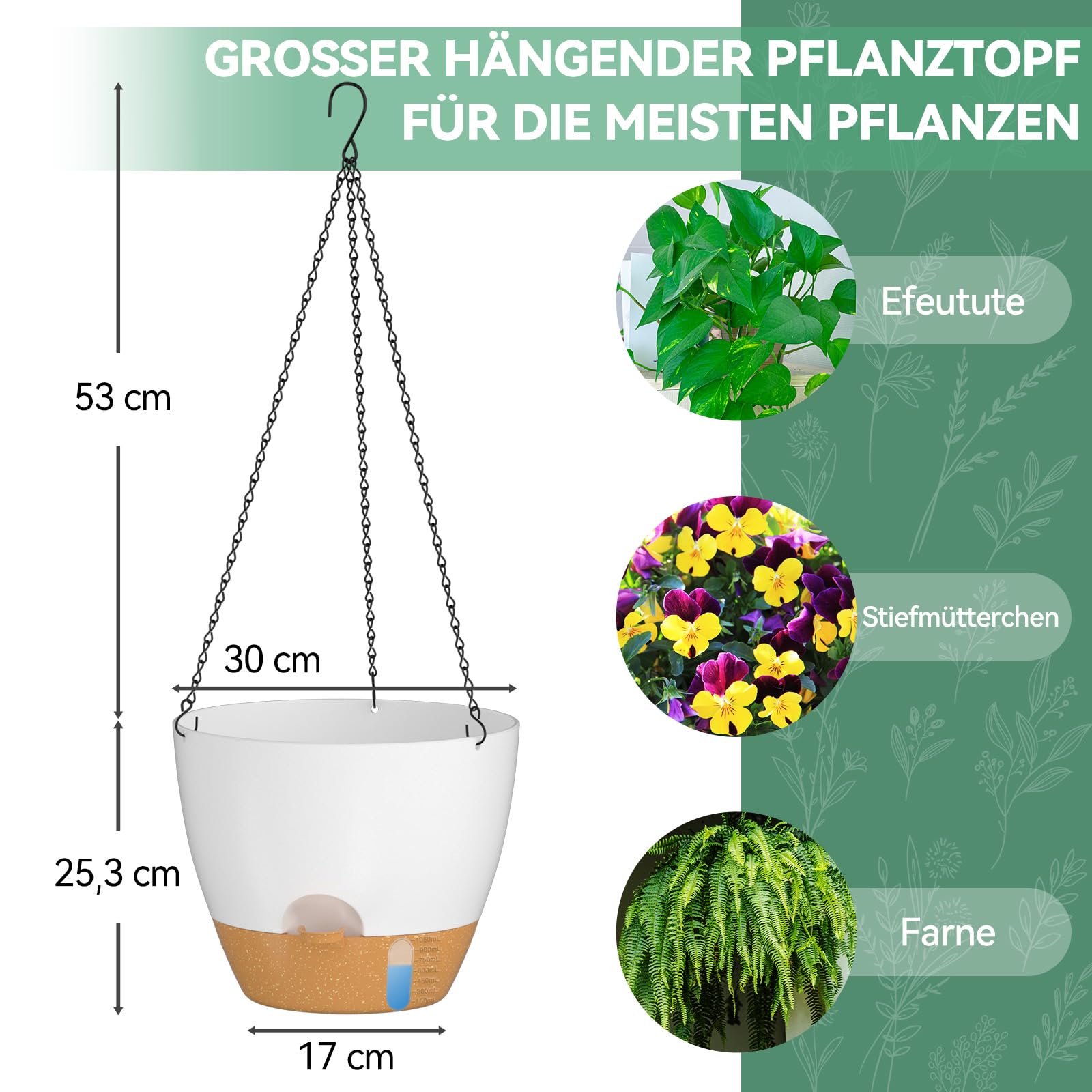 ZMTECH 30 cm Hängetopf für Pflanzen mit Bewässerungslippe Selbstbewässernder Pflanzentopf mit Abflusslöchern und abnehmbarem Untersetzer aus Kunststoff für Innen- und Außenpflanzen (2er-Set, Weiß)