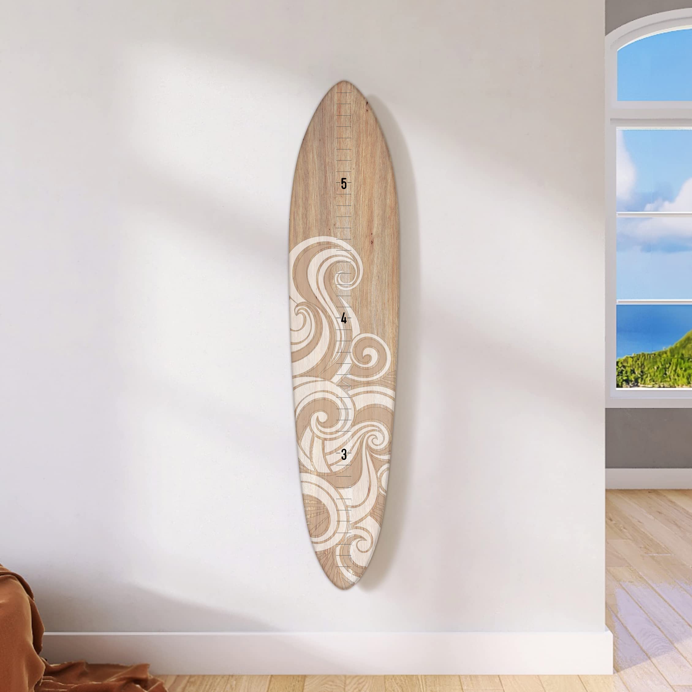 Wooden Surfboard Growth Chart - Kids' Room & Playroom Decor with Wall-Mounted - Wood w/White Wave Color (9.5" Wide x 45"" Tall)