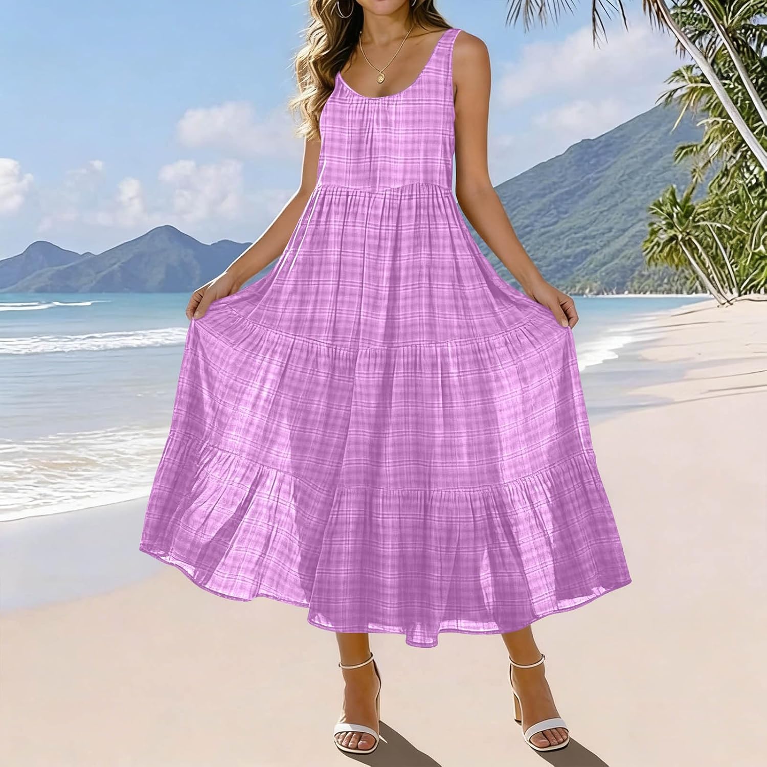 Ruffle Plaid Maxi Dress for Women, Sleeveless Gingham Long Summer Dress Flowy High Waist Beach Vacation Dresses