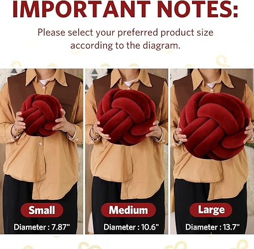 Miniatura 7 de Sioloc - Almohadas de nudo suave, cojín redondo para decoración del hogar, almohada de bola anudada hecha a mano (7.8 pulgadas, color vino)