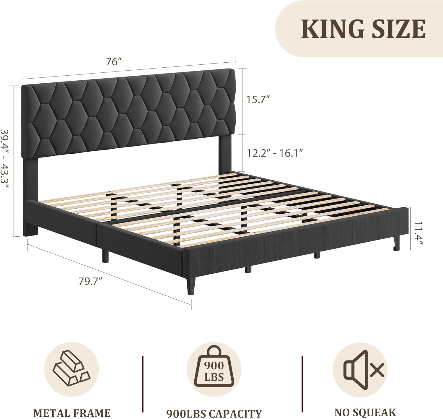 GAOMON Grey King Upholstered Bed Frame with Headboard, Heavy-Duty Platform Bed Frame with Strong Wood Slats, No Box Spring Needed/Easy Assembly/Noise Free