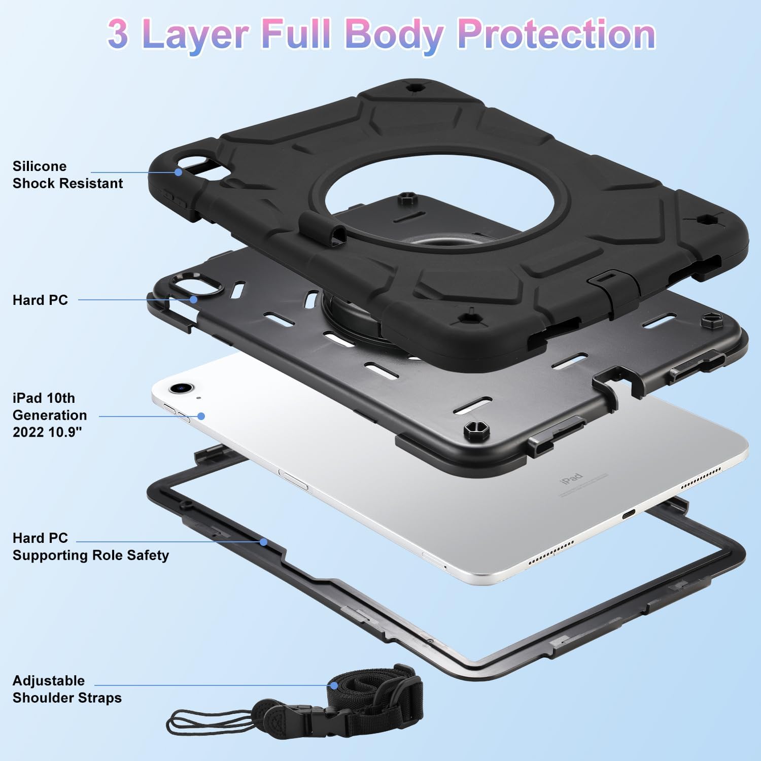 for iPad (A16) 11th Generation case 11''(2025)/10th Generation case 10.9''(2022),360°Rotatable Stand with [Pencil Holder&Shoulder Strap] Heavy Duty Shockproof Protective Silicone Case (Black)