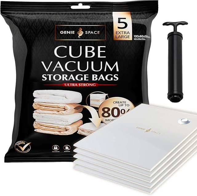 GENIE SPACE Storage Vacuum Bags - Pack of 5, Extra Large | Strong Space Saving Cube, 100x80x38cm | Premium Airtight & Reusable Vacuum Bags for Clothes, Towels, Bedding & Pillows | With Travel Pump