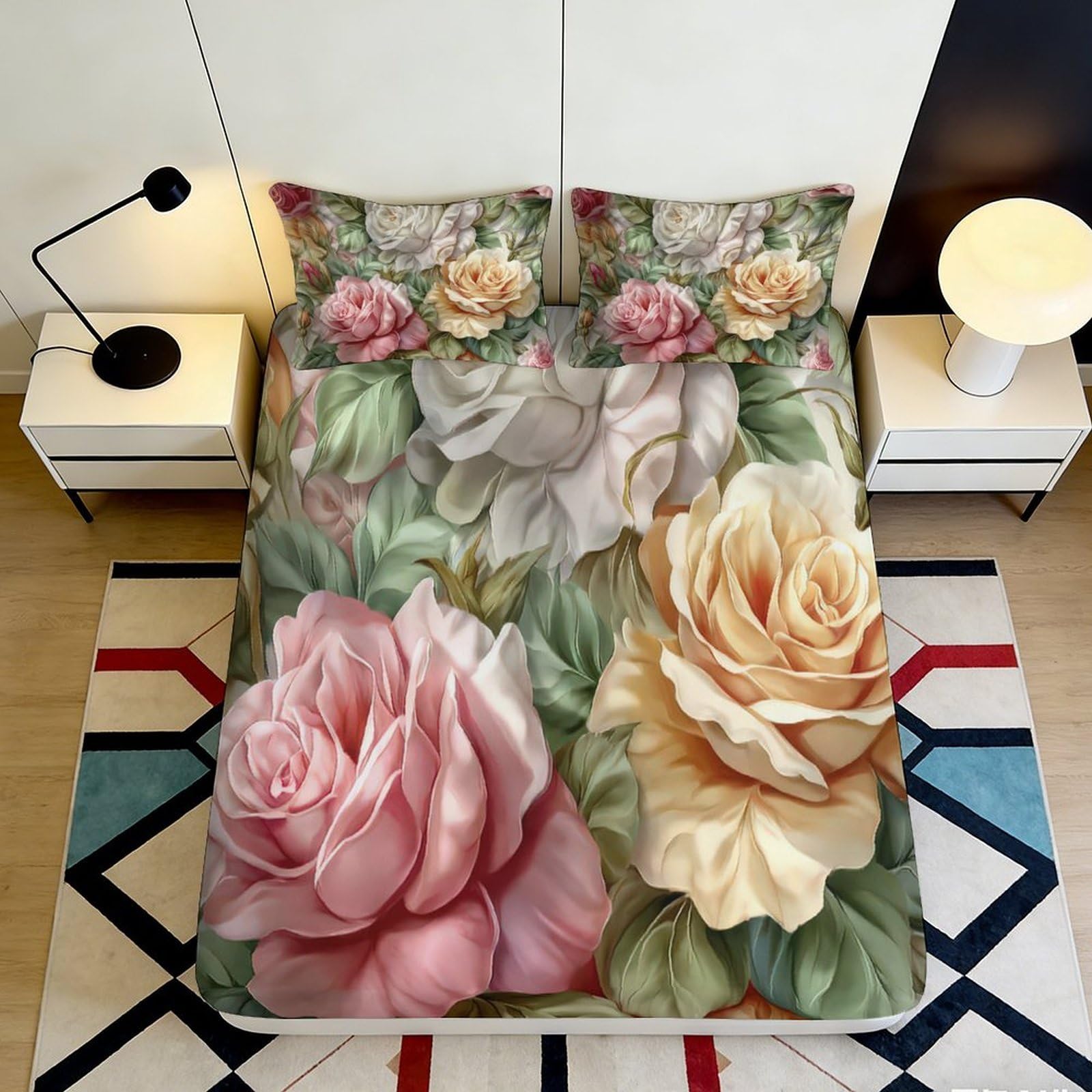 3D Printed Vintage Rose Fitted Sheet Microfiber Floral Bed Cover for Bedroom Guest Room Machine Washable 90x200x25cm