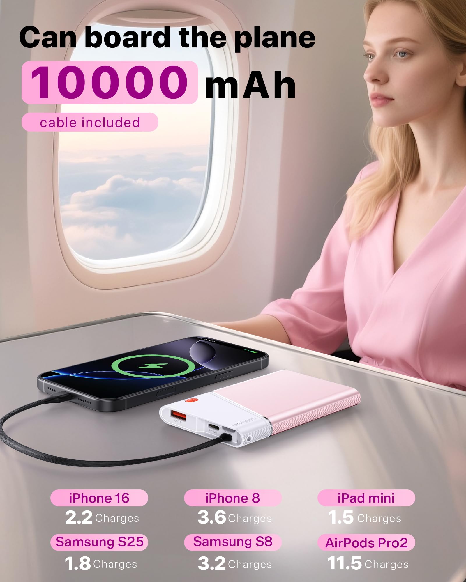 Aaoyun Portable Charger Power Bank, 10000mAh 22.5W PD Fast Charging Powerbank with Built-in USB C Cable, Slim External Phone Battery Pack for iPhone 17/16/15 Samsung S24 Android etc (Pink) view 4