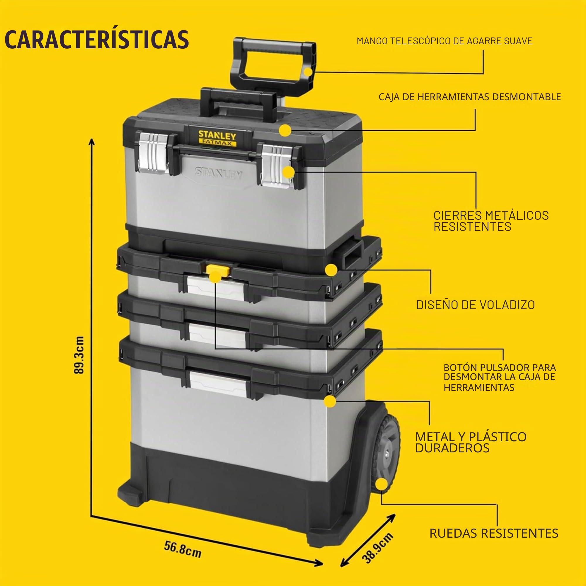 STANLEY FATMAX Taller Móvil Metálico, Carro de Herramientas, Caja Versátil para Piezas Pequeñas y Grandes, Ruedas 17cm, Cierres Metálicos Antioxidantes, 1-95-622