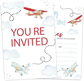 VIVORA Airplane Birthday Invitation Card for Boys Girls, How Time Flies Themed Birthday Party Invites, 30 Cards & 30 Envelopes, 4x6 Inches, Double-Sided