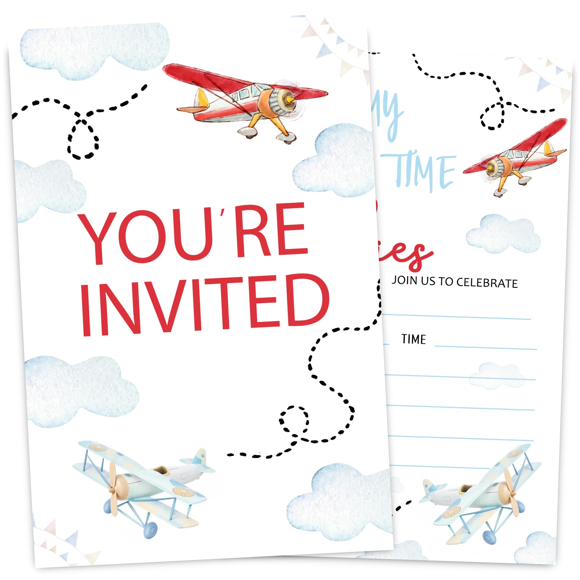VIVORA Airplane Birthday Invitation Card for Boys Girls, How Time Flies Themed Birthday Party Invites, 30 Cards & 30 Envelopes, 4x6 Inches, Double-Sided