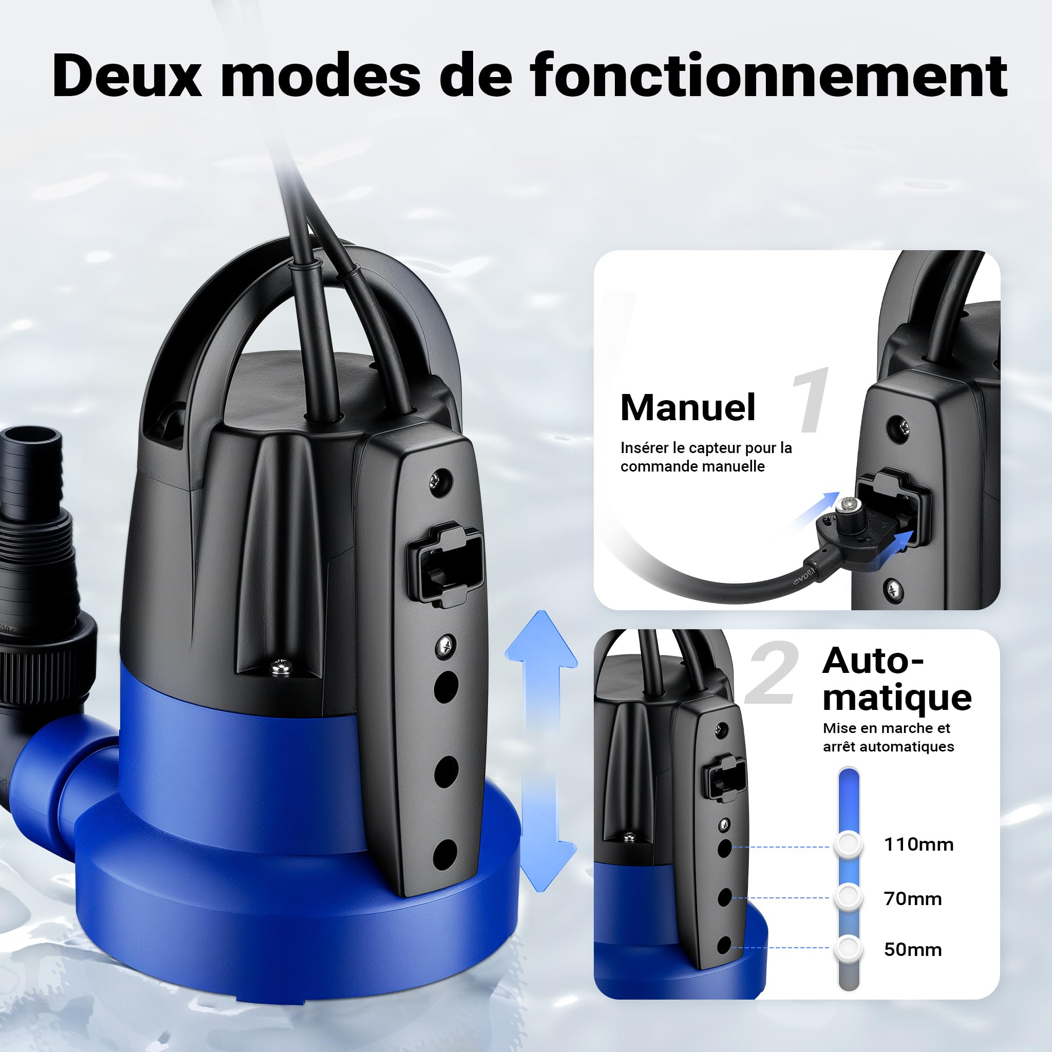 Wiltec Pompe à eau immergée à aspiration plate 400 W – Jusqu’à 1 mm – 7000 l/h – Refoulement max. 7 m, profondeur max. 7 m – Capteur de niveau d’eau – Pompe submersible Eau propre