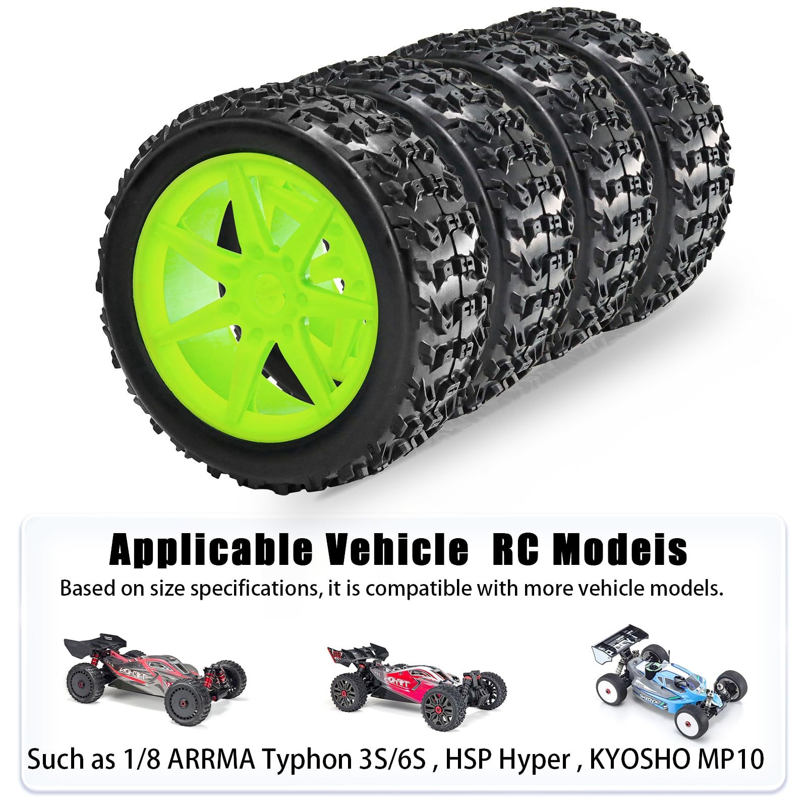 RcThjia 1/8 RC Off-Road Buggy Racing Tires and Wheels 17mm Hex RC Tires with Foam Inserts for ARRMA 1/8 Typhon 3S/6S Losi 8IGHT HongNor FS Racing KYOSHO MP10 MP9 MP9e Neo HSP Hyper. (4PCS/Set) - Image 4