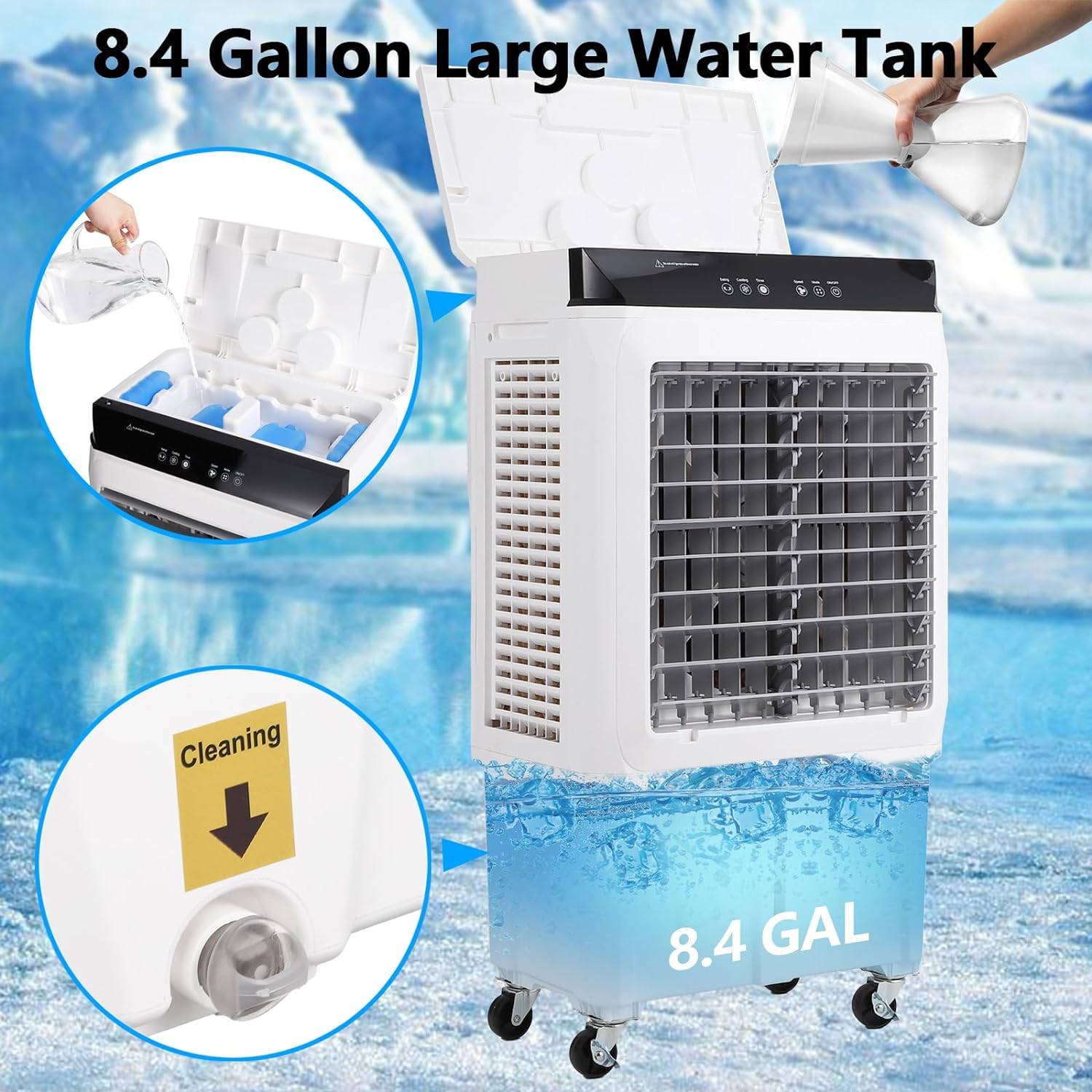 Enfriador de aire evaporativo, enfriador de pantano de 1800 CFM con control remoto, tanque de agua grande de 8.4 galones, ventilador de enfriamiento de 3 velocidades, 4 paquetes de hielo, aire 6
