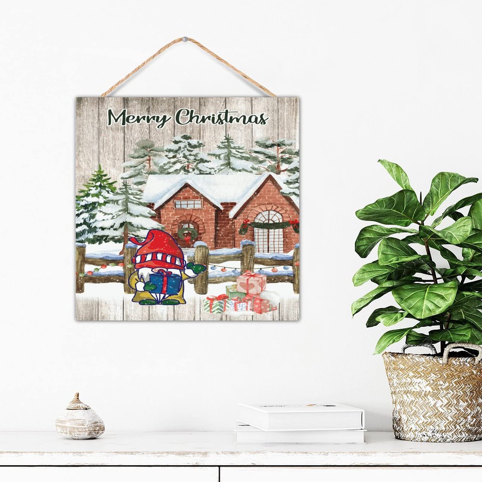 Pancarte en bois Gnomes de Noël et camion rouge décoration vintage à suspendre 30 cm