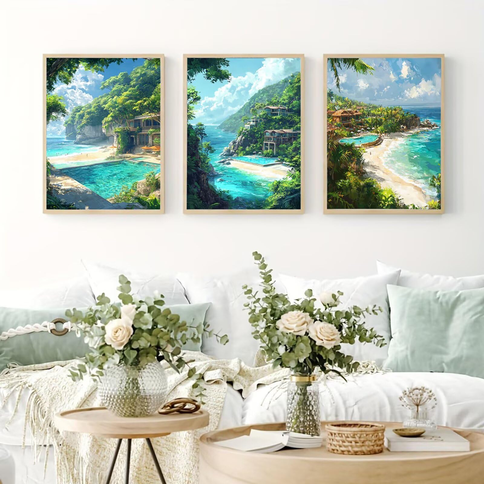 Cnyaunfi 3 Pezzi Oceano Pittura Diamante Fai-Da-Te 5D Blu Diamond Painting Kit Completo per, Hobby Creativi Adulti, Pittura Diamante Artigianale Per La Decorazione Della Parete Di Casa 60x80cm YF-3516