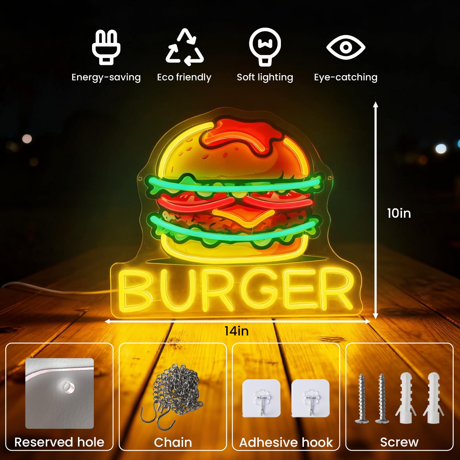 Panneau néon Burger, Panneau LED Hamburger lumineux, Décoration de mur pour restaurant, snack-bar, magasin de fast-food, camion de restauration, cuisine, cave de l’homme, chambre à coucher, fête