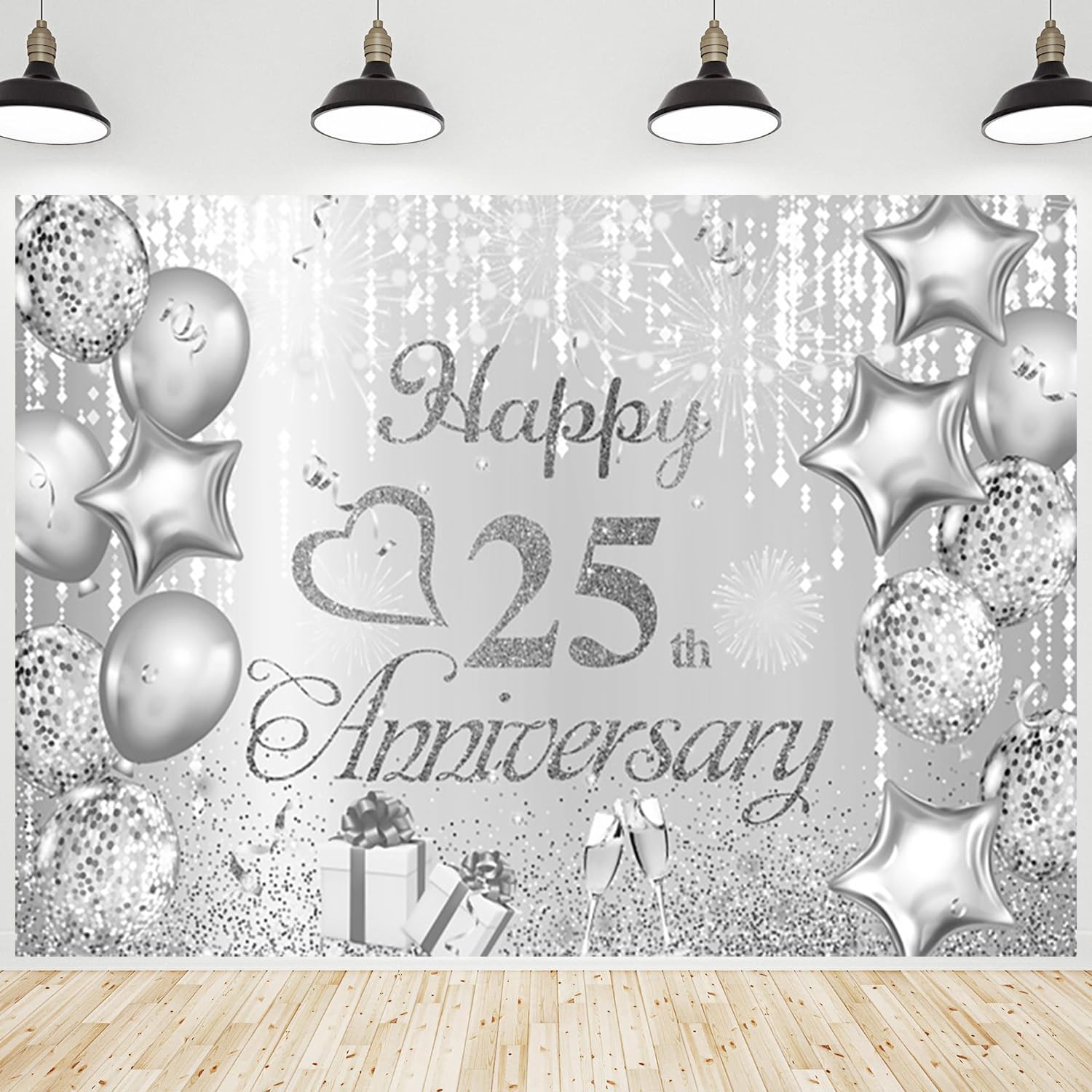 CRTPOD Happy 25th Anniversary Backdrop Glitter Silver White Balloons Ribbons Background Photography Banner for Wedding Anniversary Birthday Party