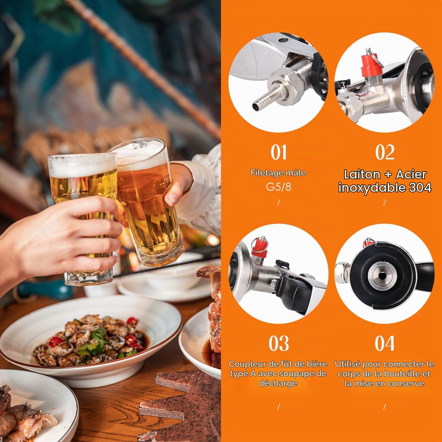 Coupleur de Fût de Bière, G5/8 A Type Brassage Bière Robinets de Distributeur avec Soupape de Surpression de Sécurité, Coupleur de fût Système pour la Maison Bars Hôtels Restaurants Rassemblements
