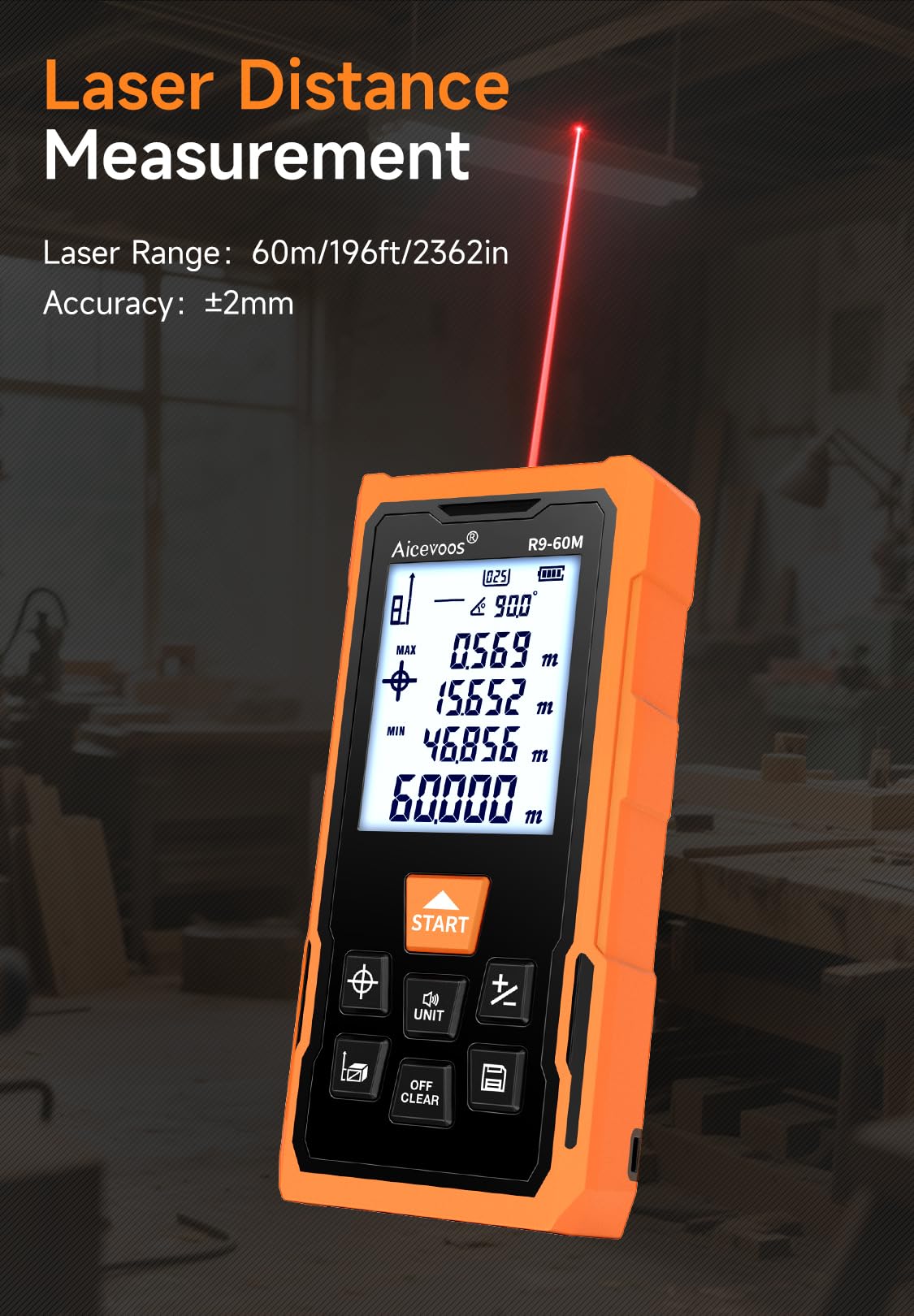 Aicevoos R9 Laser Measure 60m/196ft with Large Backlit Screen and Cross Laser - Image 2