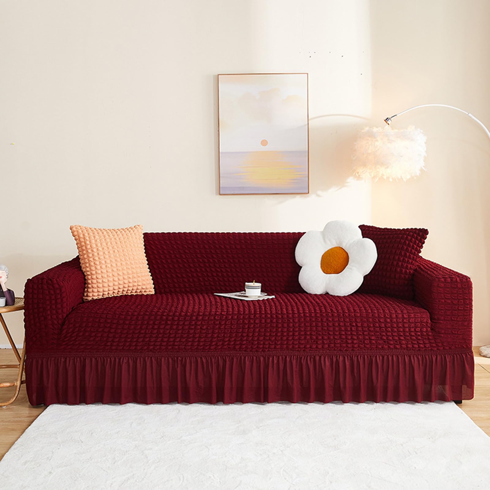 JIXINHEKEJI Stretch Seersucker Sofa Cover Instant Makeover, Non-Slip Soft Washable Couch Slipcover With Elastic Bottom And Skirt, Furniture Protector For (Size:3 seaters(190-230cm),Color:Wine Red)