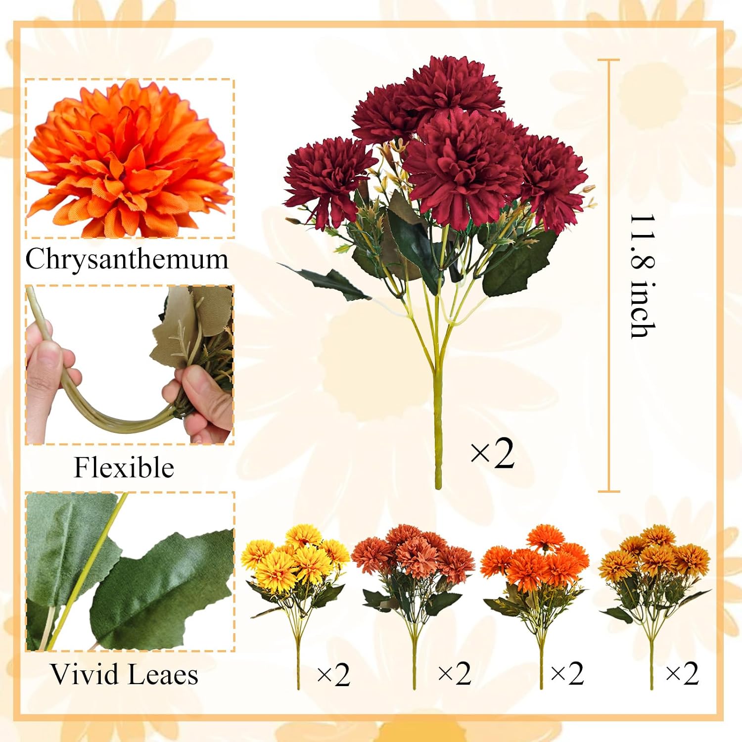 10Pcs Fake Flowers Artificial Mums for Outdoors,UV Resistant Faux Mums for Outdoor Planters Realistic Chrysanthemums No Fade Fall Flowers for Front Door Garden Patio Yard Autumn Decor