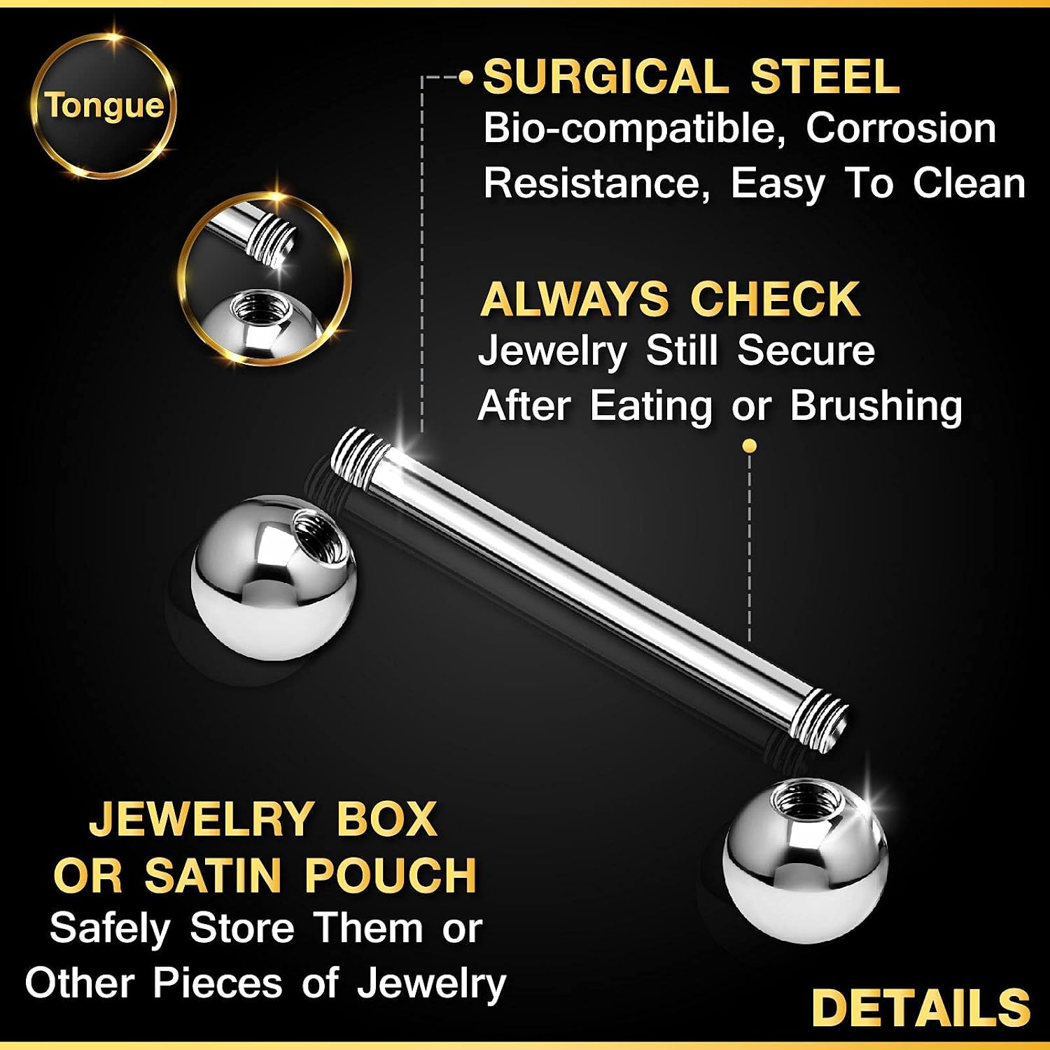 BanaVega 2PCS Stainless Steel Stud Barbell Tongue Rings 14 Gauge 6mm Ball Nipple Bars Piercing Jewelry See More Sizes