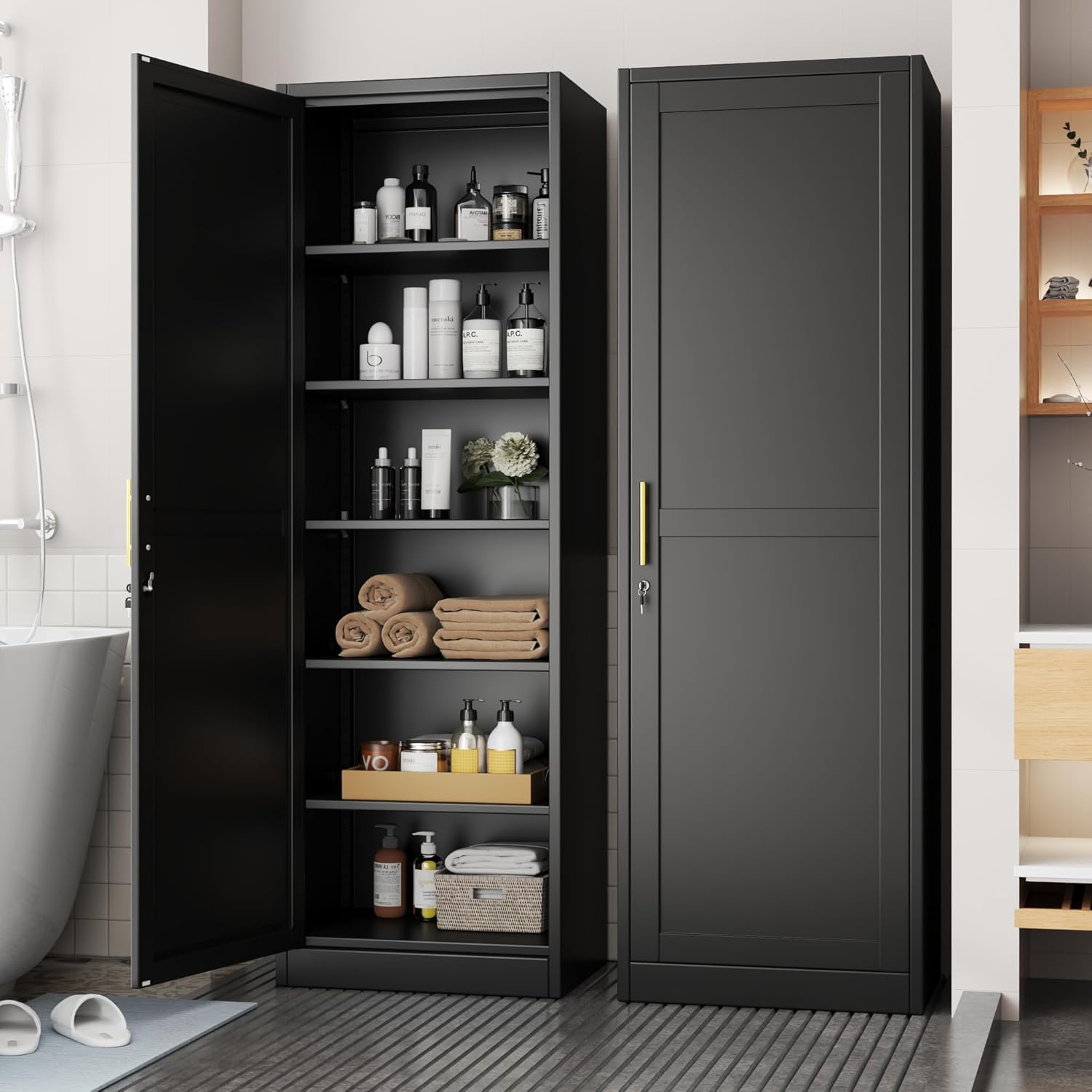 Tall Metal Narrow Bathroom Storage Locker Cabinet 67" H, Tall Black Pantry Cabinets with 5 Adjustable Shelves and Lockable Doors for Kitchen, Home Office, Living Room, Dining Room
