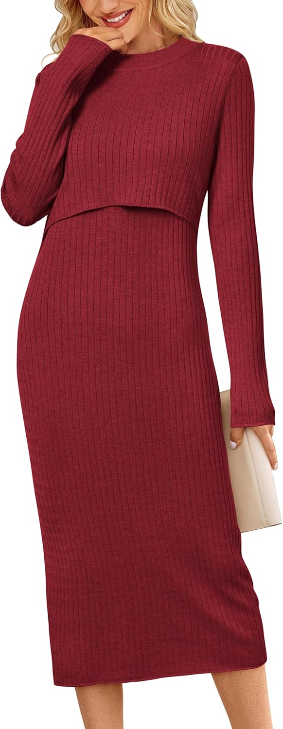 OUGES Women's Wool Blend 2025 Maternity Sweater Nursing Dress Long Sleeve Crew Neck Slim Fit Ribbed Knit Midi Fall Dress