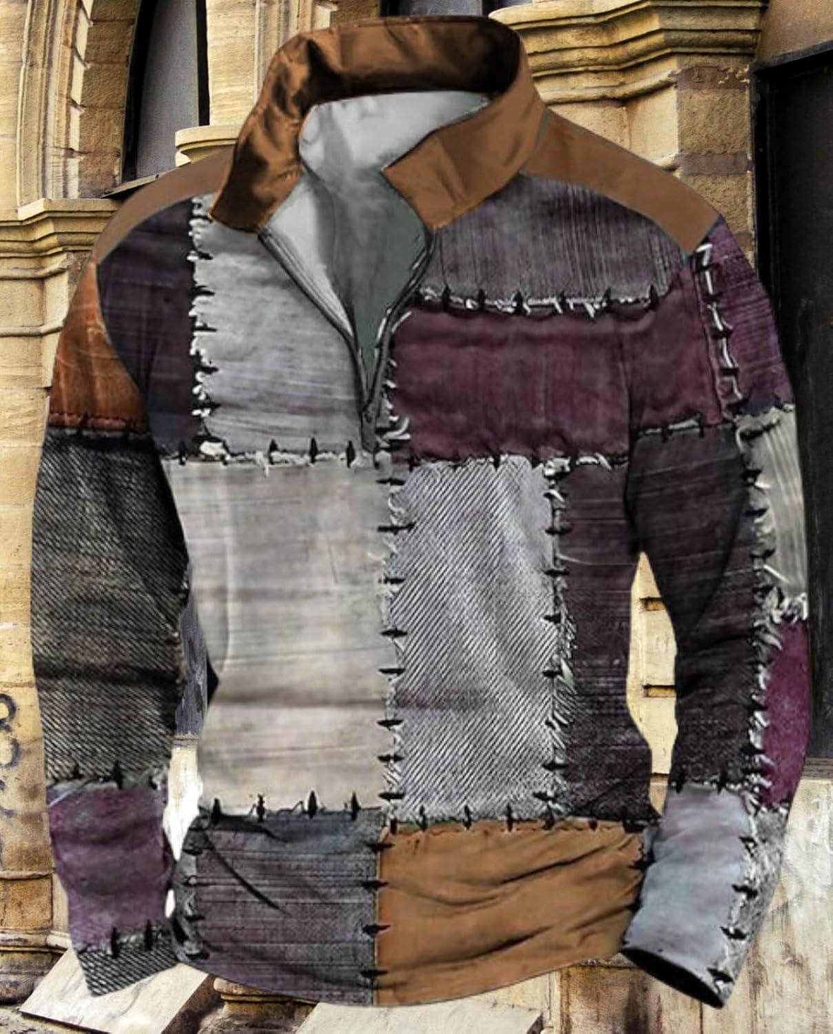 Mens Retro Large Size Long Sleeve Shirt Fashion Zipper Pullover Plaid Patchwork Street Top Create Trendy Street Style - Image 2