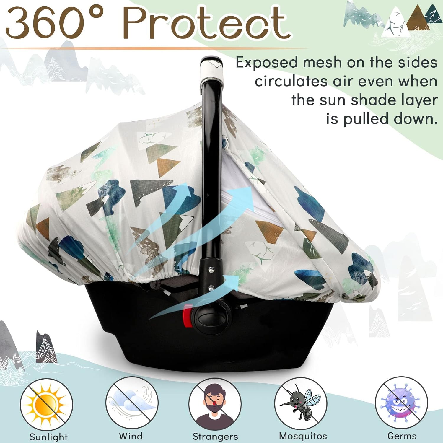 Baby Car Seat Cover & Minky Carseat Head Support for Boys, Adventure Mountains Infant Car Seat Insert and Strap Covers
