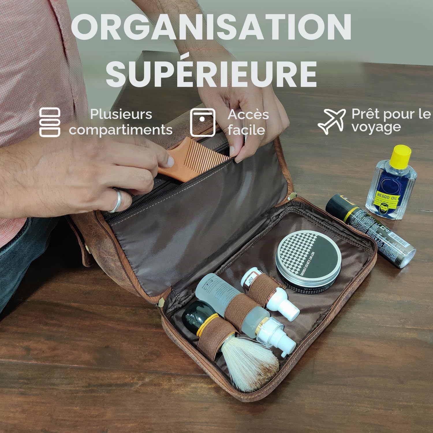 Trousse de Toilette Homme Cuir - Sac de Voyage Pleine Fleur Rasage, Marron | 2 compartiments, fermeture YKK, bagage cabine, organiseur rasage & parfum, doublure résistante à l’eau, Vintage cadeau femme