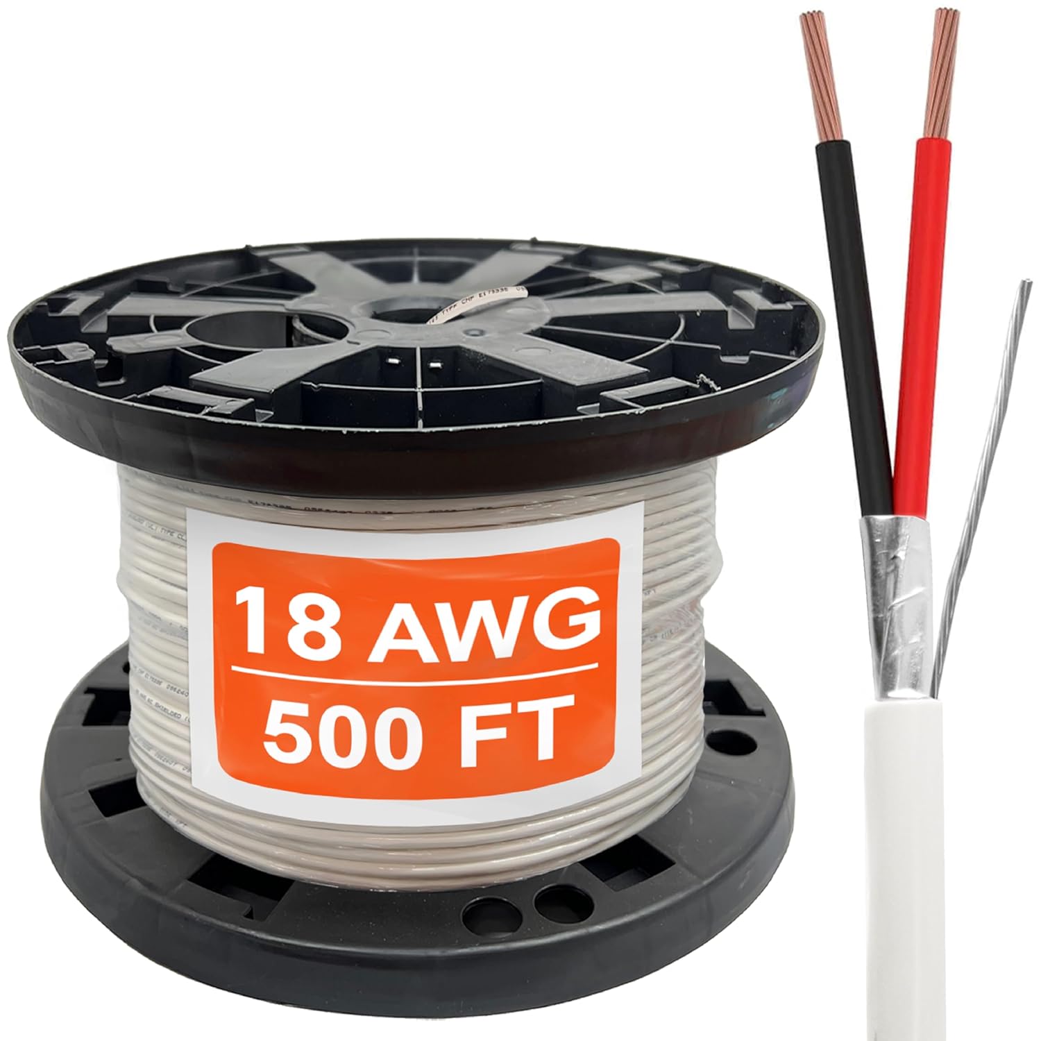18 Gauge Wire (18 AWG) – 2 Conductor Stranded Copper Shielded Cable – 18/2 Home Electrical Wire – Low Voltage Up to 300V – CL3P Low Smoke Plenum Jacket – USA Made (500ft - White)