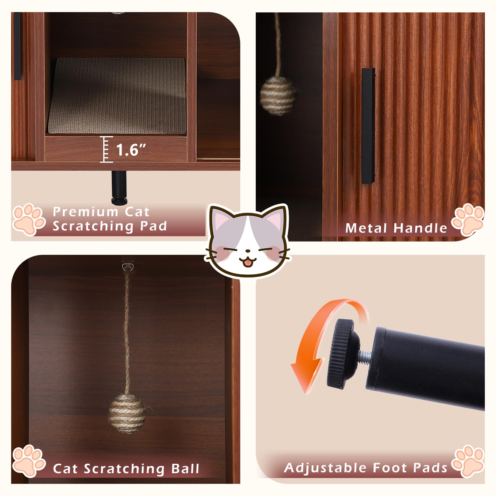 Cat Litter Box Furniture, Hidden Litter Box Cabinet with Cat Scratch Pad and Ball, Wooden Cat House Enclosure for Living Room, Bedroom, Entrance (Brown, 37.4" L x 16.6" W x 21.7" H) - image 3