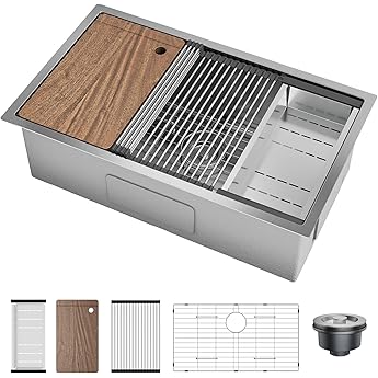 GarveeHome Undermount Kitchen Sink, 32x19 Inch Stainless Steel Kitchen- Single Bowl Sinks, Modern Top Mount 16 Gauge Workstation Sink-with Cutting Board for Bar, Silver (Not Included Faucet)