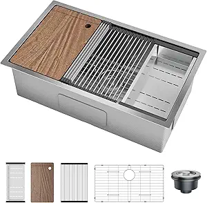 Undermount Kitchen Sink, 32x19 Inch Stainless Steel Kitchen- Single Bowl Sinks, Modern Top Mount 16 Gauge Workstation Sink-with Cutting Board for Bar, Silver (Not Included Faucet)