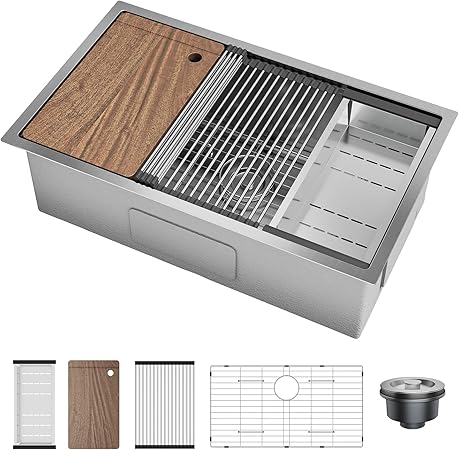 Undermount Kitchen Sink, 32x19 Inch Stainless Steel Kitchen- Single Bowl Sinks, Modern Top Mount 16 Gauge Workstation Sink-with Cutting Board for Bar, Silver (Not Included Faucet)
