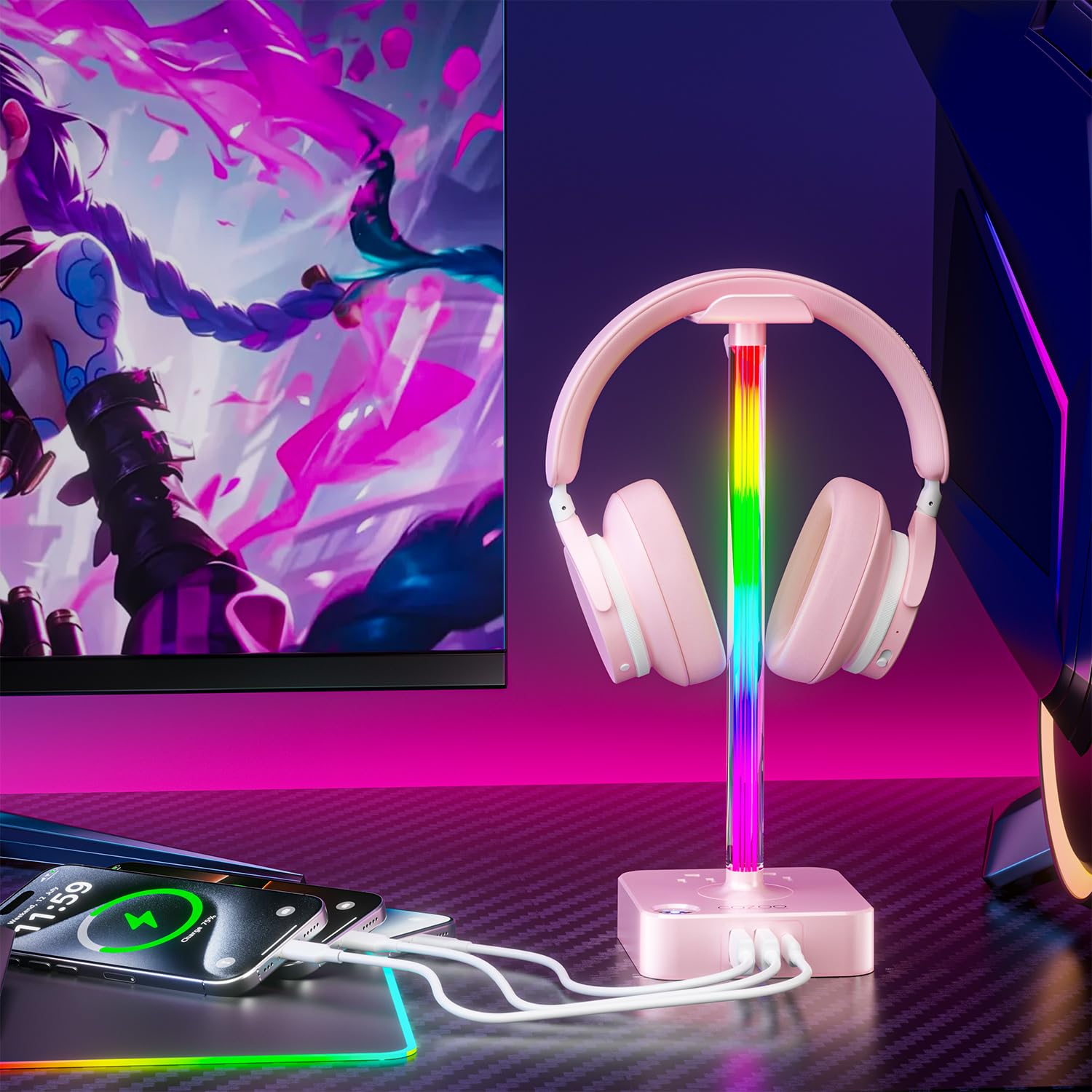 cozoo Regali per ragazze adolescenti carino rosa RGB cuffie stand e stazione di ricarica, 3 prese USB 2 AC – elegante supporto per cuffie da gioco, scrivania e sala giochi, regali di Natale per