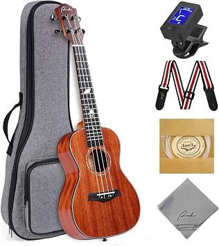 Ranch Concert Ukulele 23 inch Solid Top Ukele Kit Professional Small Hawaiian Guitar Ukalalee Starter Pack Bundle Gig bag، Tuner، Strap، Aquila String Set، 12 Online Lessons - Glossy