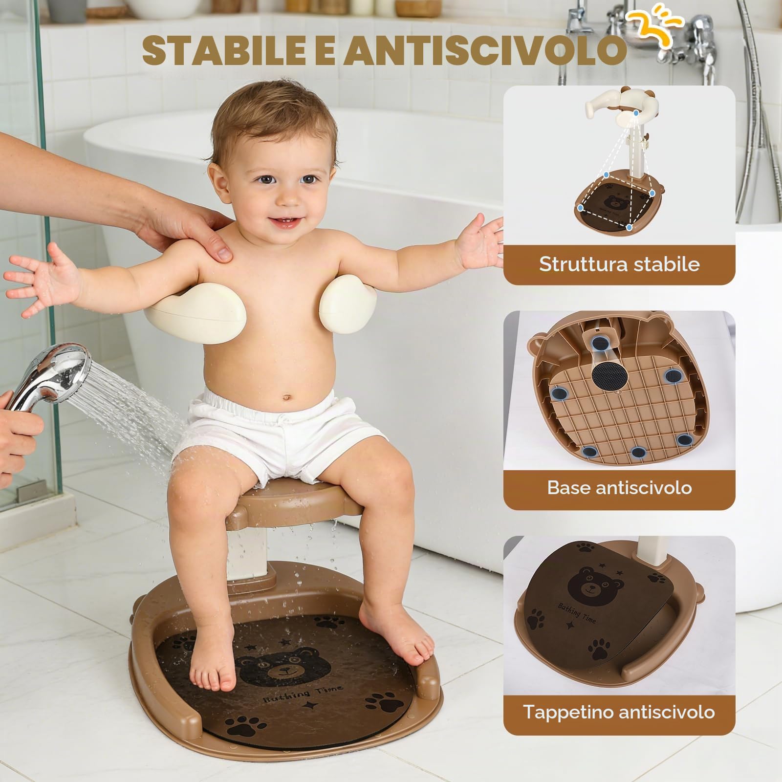 Supporto Doccia Bebè con Seduta, 7 Altezze Regolabili Antiscivolo | ABS senza BPA, seduta rimovibile, supporto doccetta, base antiscivolo, per bambini 6-36 mesi