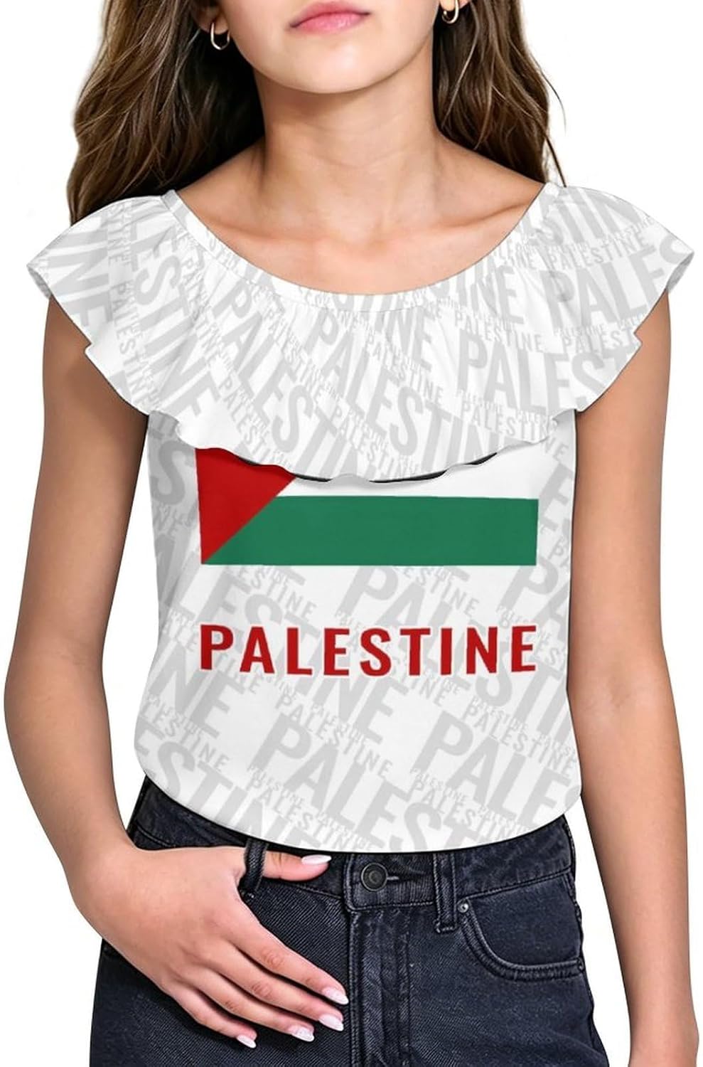 Palestinian Free Palestine Girls T-Shirts Top Ruffle Short Sleeve Blouse Casual Graphic Tees