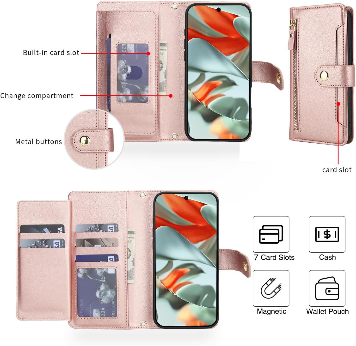 Asuwish Phone Case for Google Pixel 10 Pro XL Zipper Wallet Cell Cover, with Tempered Glass Screen Protector and Crossbody Strap, Credit Card Holder Pixel10 10Pro 10ProXL Ten Women Girls Rose Gold
