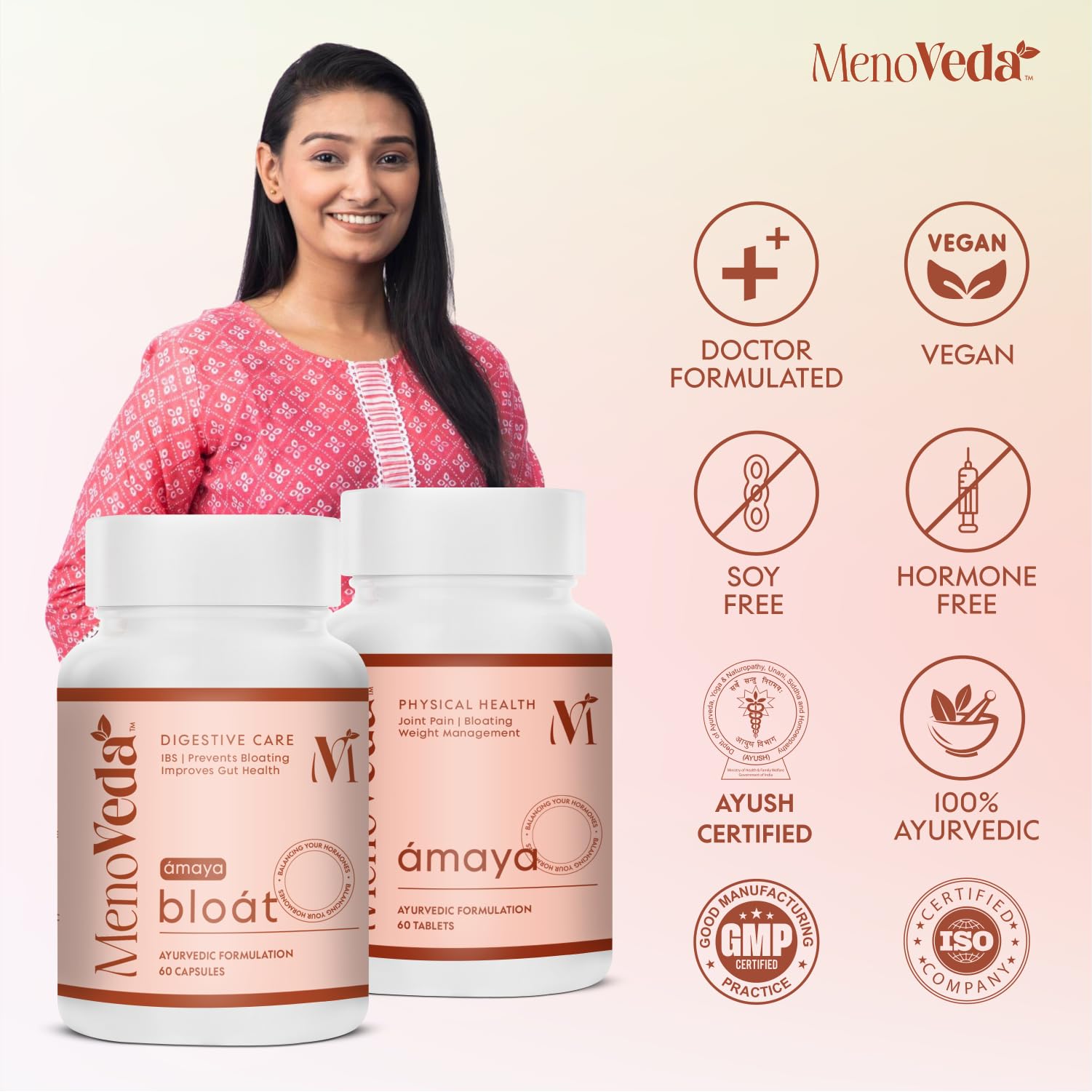 Menoveda Amaya & Bloat Combo | Ayurvedic Multivitamin For Women 40+ Nearing Menopause - For Improved Joint health, Fitness, Strength, IBS & Gut Health | Reduces Bloating & Indigestion - Pack Of 2 3