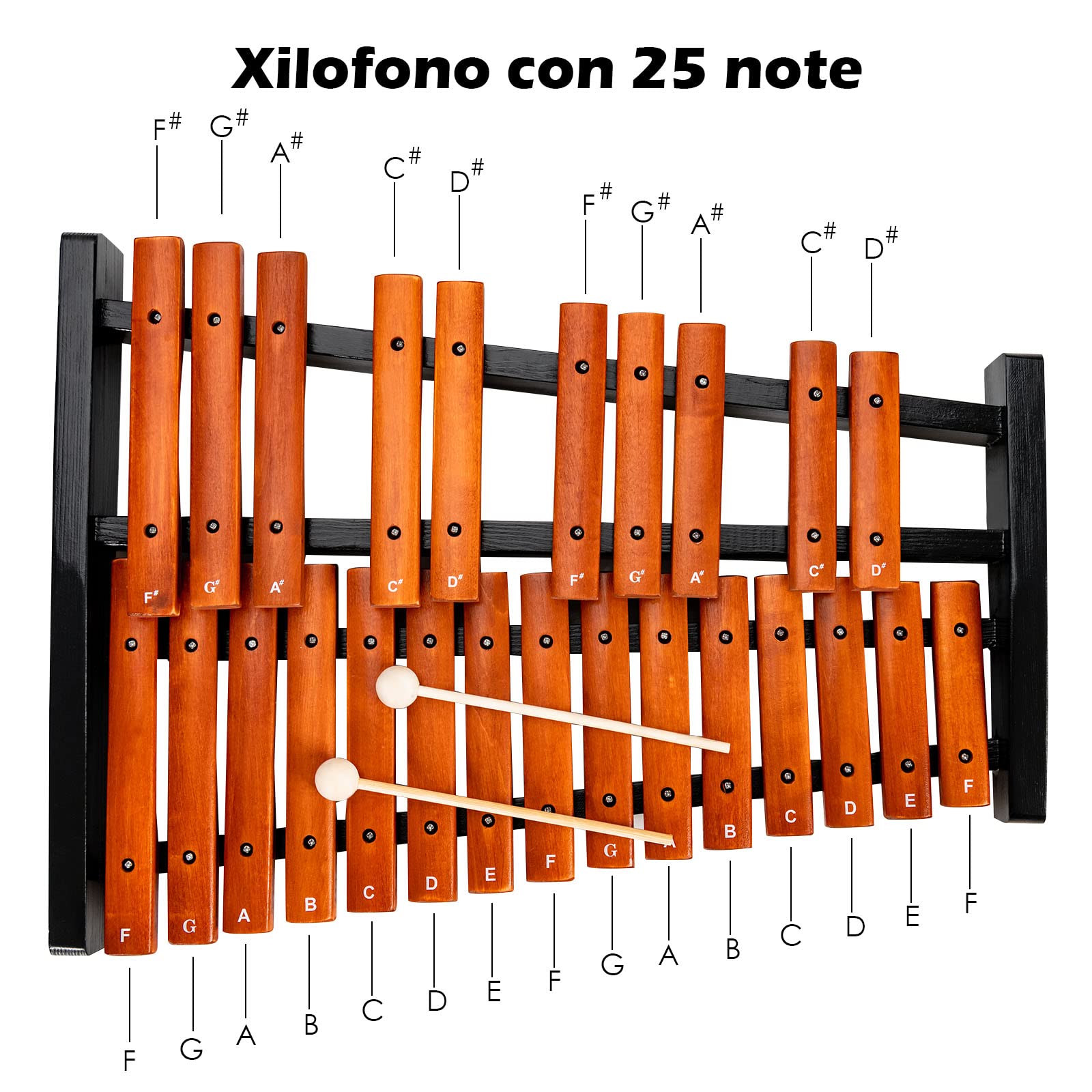 COSTWAY Xilofono con 25 Note, Glockenspiel in Legno, con 2 Mazzuole e Borsa, Strumento a Percussione di Legno, Ideale per Principianti e Bambini, 42 x 57 x 6 cm
