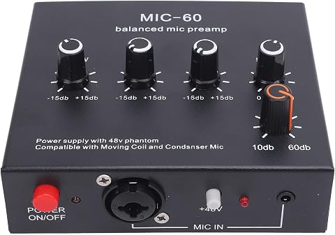 Microphone Preamp Gain Mic Booster, 48V XLR Balanced, for Dynamic and Condenser 