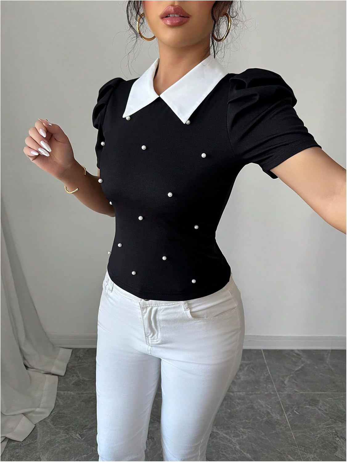 WDIRARA Women's Pearl Short Puff Sleeve Tops Collared T Shirts Dressy Fitted Tops - Image 3