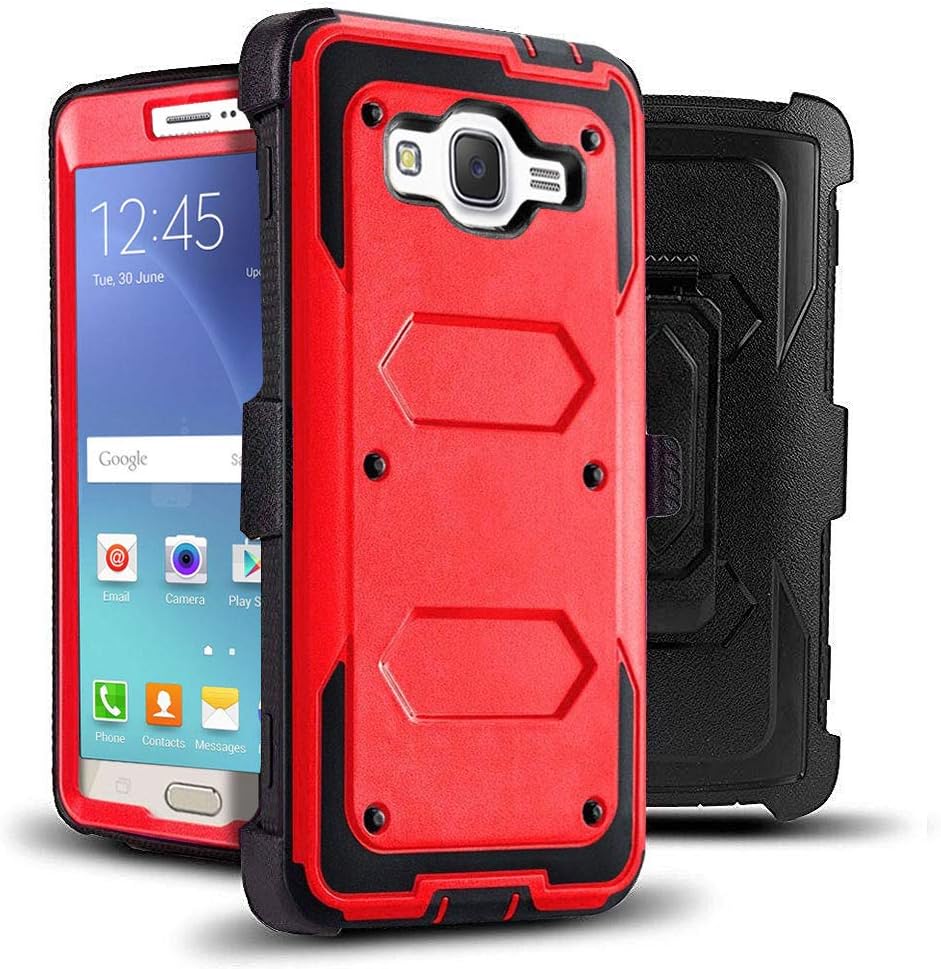 J.west Galaxy J7 Case, Full Body Rugged Heavy Duty Armor Shock Proof Dual Layer Locking Belt Swivel Clip with Kickstand Holster Case for Galaxy J7 (2015)(Boost,Virgin,T-Mobile,Metro PCS) Red