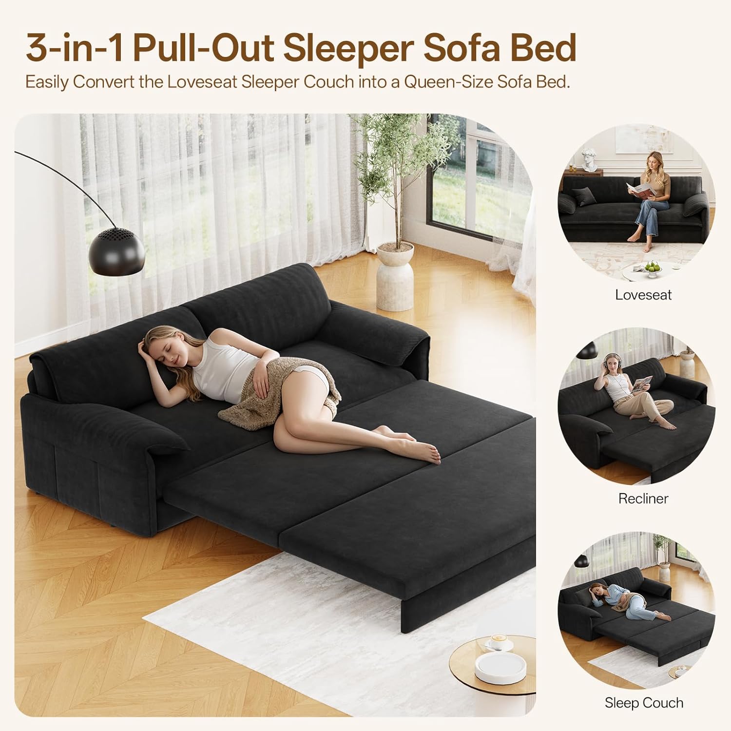 66" Queen Pull Out Couch Bed,Velvet 3-in-1 Queen-Size Sleeper Sofa,Convertible Pull-Out Sofa Bed with Side Pockets,Sleeper Loveseat for Living Room,Apartment, Offices (Black)