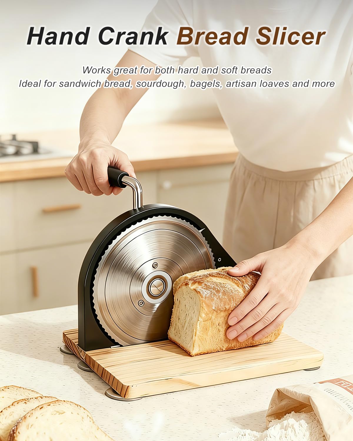 Brotschneidemaschine Manuell mit Handkurbel, 0-15mm Einstellbare Scheibendicke mit Skalenlinien, Scharfe Edelstahlklinge & Klappbarer Holzsockel, Kompakt für selbstgemachtes Brot & Sauerteigbro